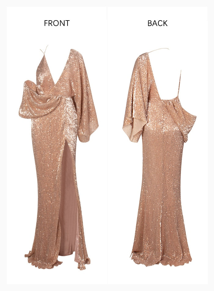 Rose Gold V-Neck Single Sleeve Sequins Split Party Maxi Dress