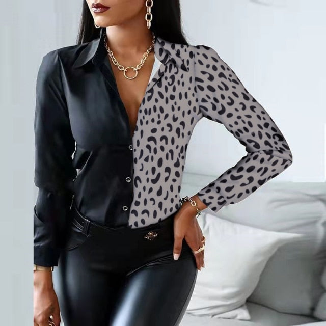 Striped Floral Leopard Office Lady Print Shirts