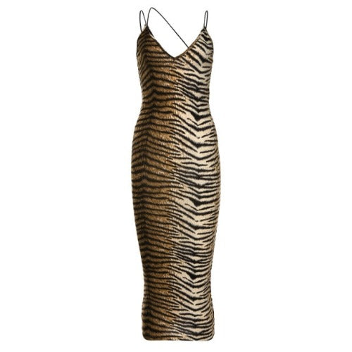 Tiger Printed Spaghetti Strap Long Dress