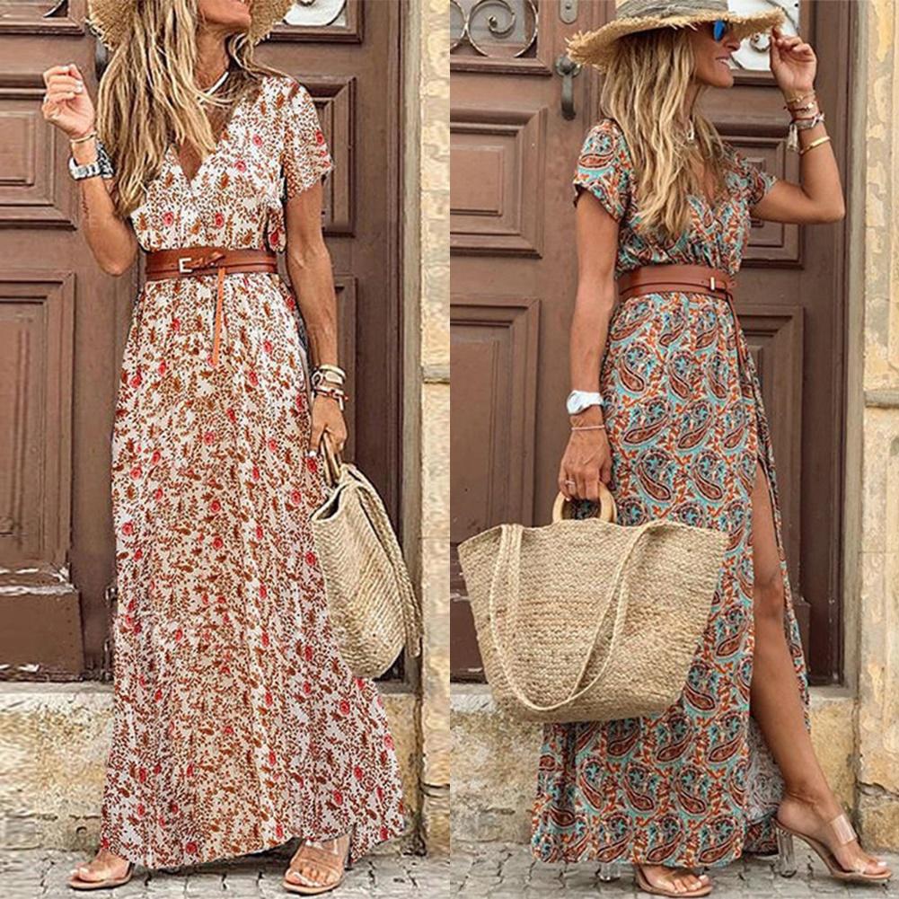 Boho Women V Neck Short Sleeve Paisley Print Belt Long Dress