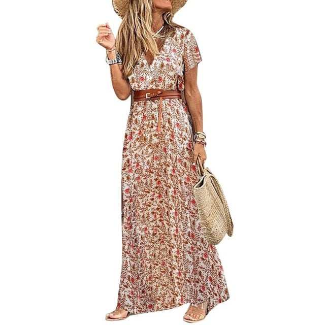 Boho Women V Neck Short Sleeve Paisley Print Belt Long Dress