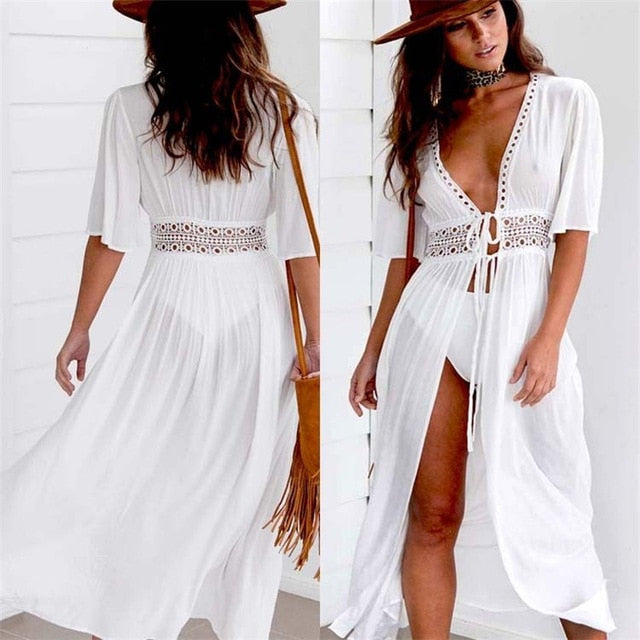 3XL Plus Size White V Neck Dress Robe Swimwear