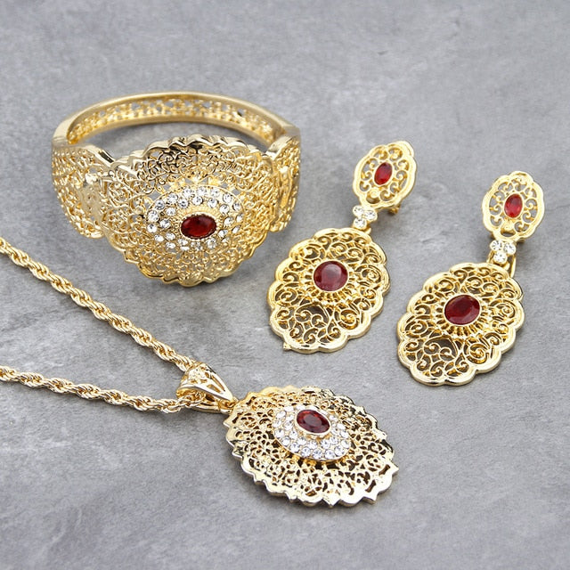 Gold Color Jewelry Sets Drop Earring Cuff Bracelet, Bangle, Pendant, Necklace