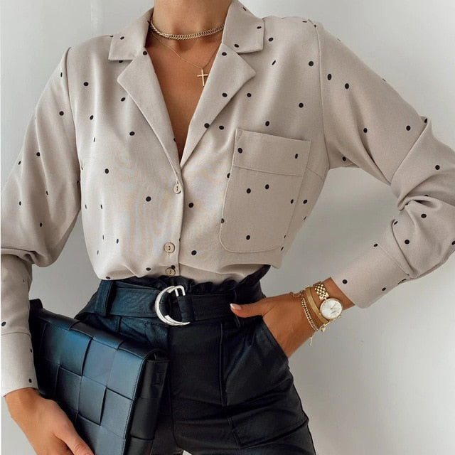 Pockets Polka Dot Printed Casual Women Blouse