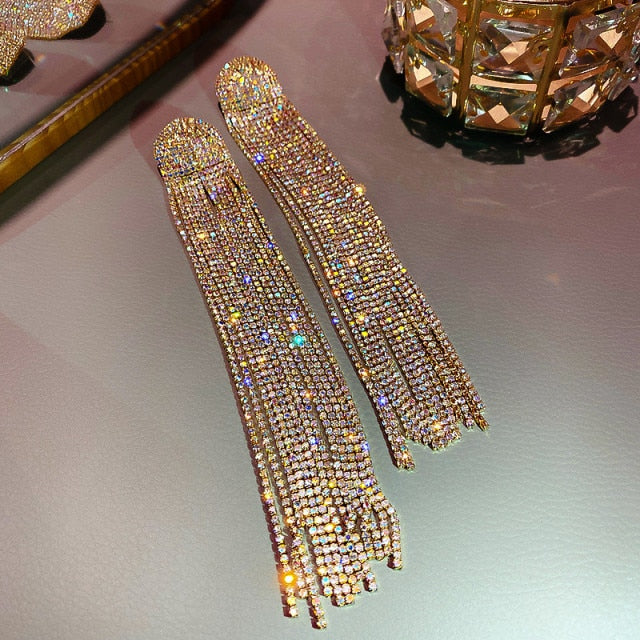 Long Tassel Full Rhinestone Drop Earrings