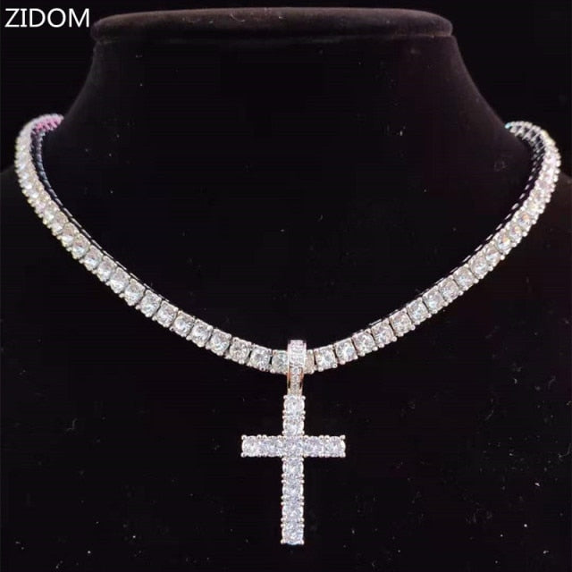 Hip Hop Cross Pendant Necklace with 4mm Zircon Tennis Chain