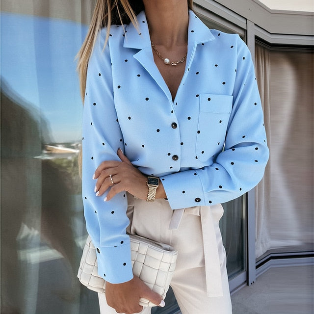 Pockets Polka Dot Printed Casual Women Blouse