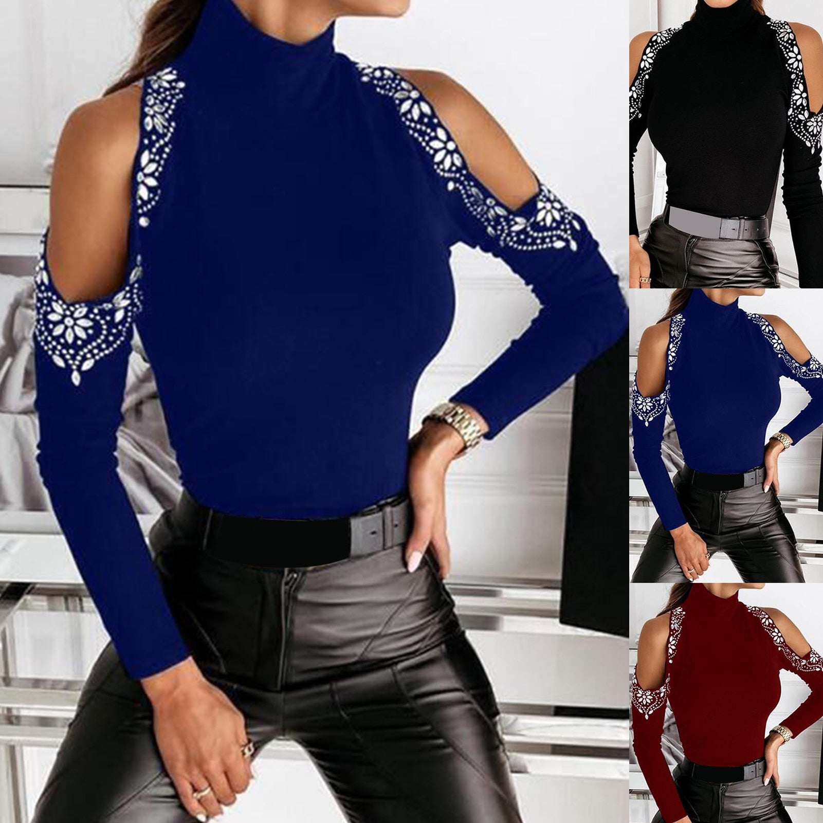 Long Sleeve Turtle Neck Cold Shoulder Blouse