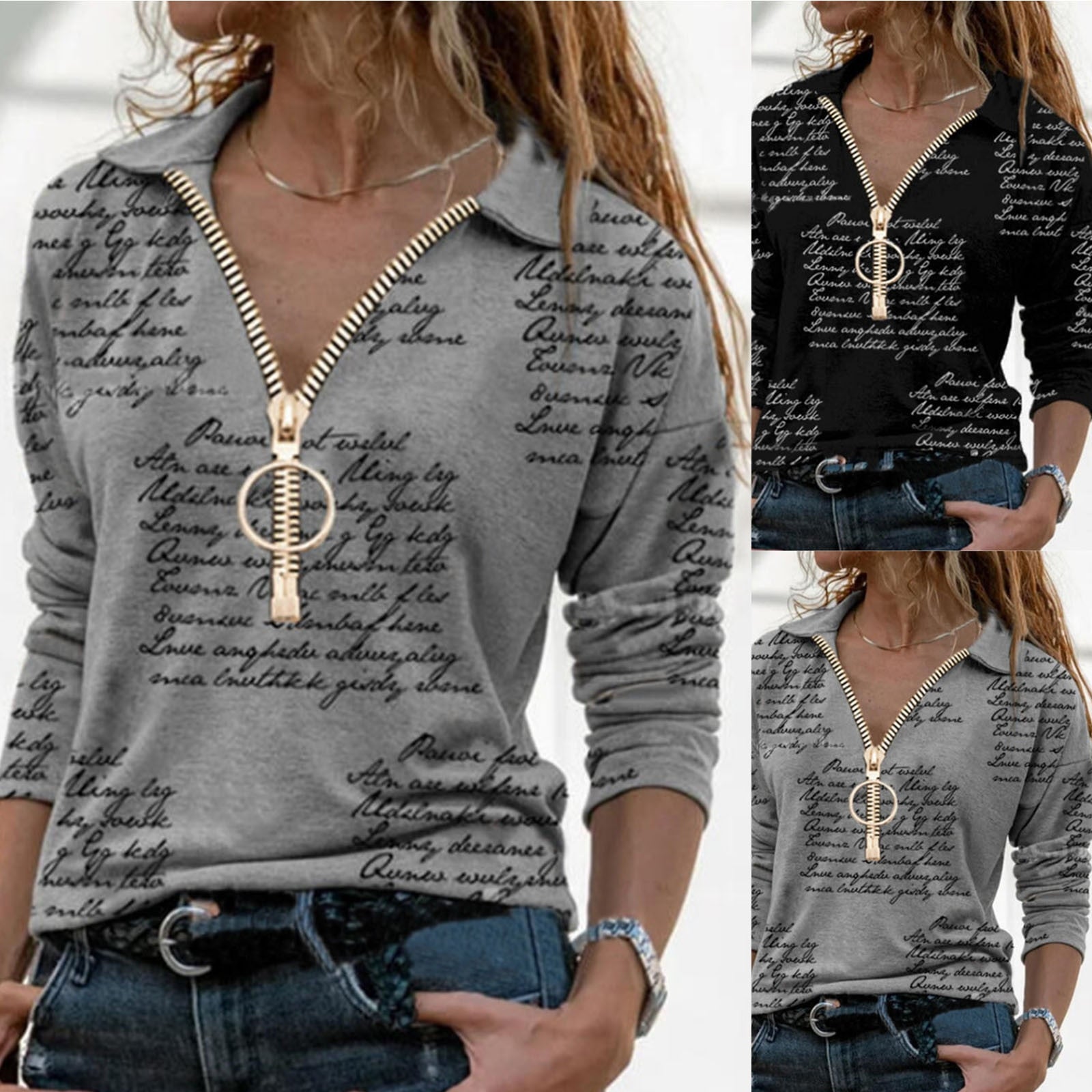 Lady Long Sleeve Casual V-neck Zipper Top Blouse