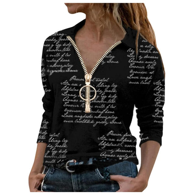 Lady Long Sleeve Casual V-neck Zipper Top Blouse