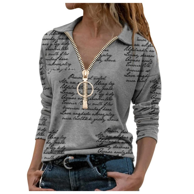 Lady Long Sleeve Casual V-neck Zipper Top Blouse