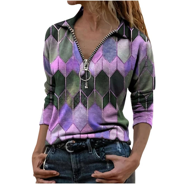 Lady Long Sleeve Casual V-neck Zipper Top Blouse