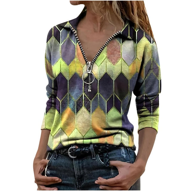 Lady Long Sleeve Casual V-neck Zipper Top Blouse