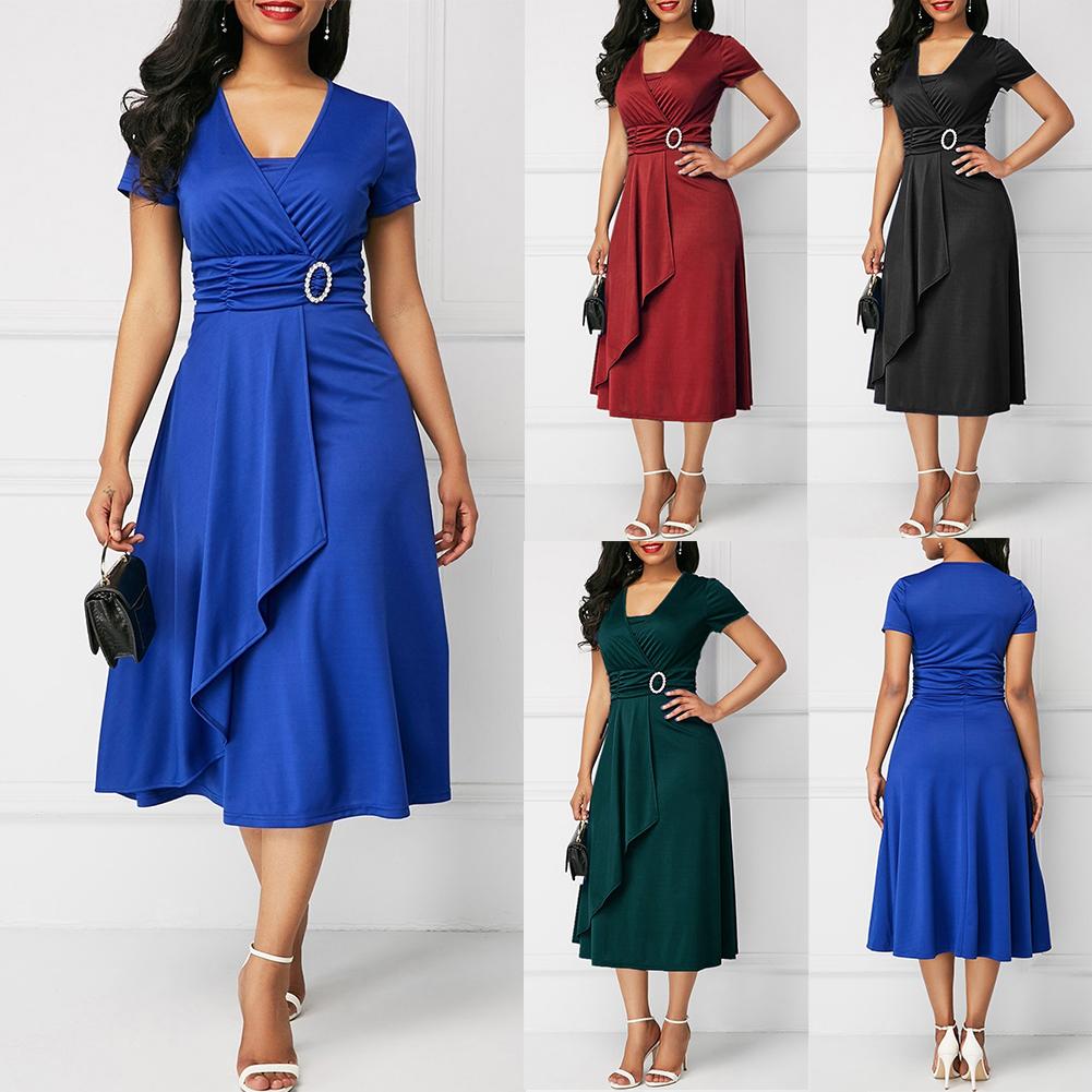 Women Short Sleeve Asymmetric Hem Waist Party Dress