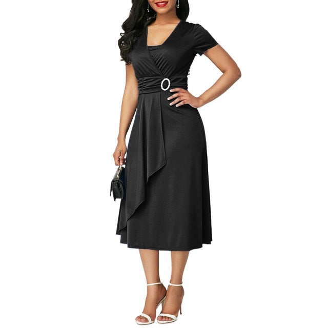 Women Short Sleeve Asymmetric Hem Waist Party Dress