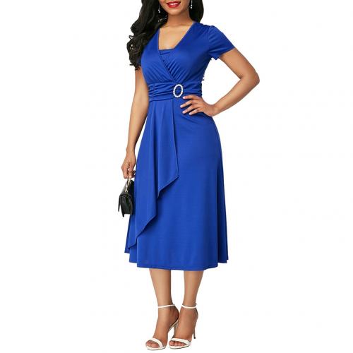 Women Short Sleeve Asymmetric Hem Waist Party Dress