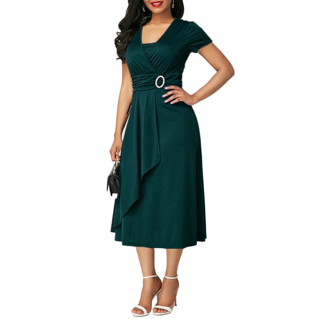 Women Short Sleeve Asymmetric Hem Waist Party Dress