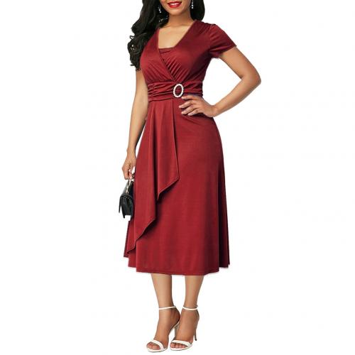 Women Short Sleeve Asymmetric Hem Waist Party Dress