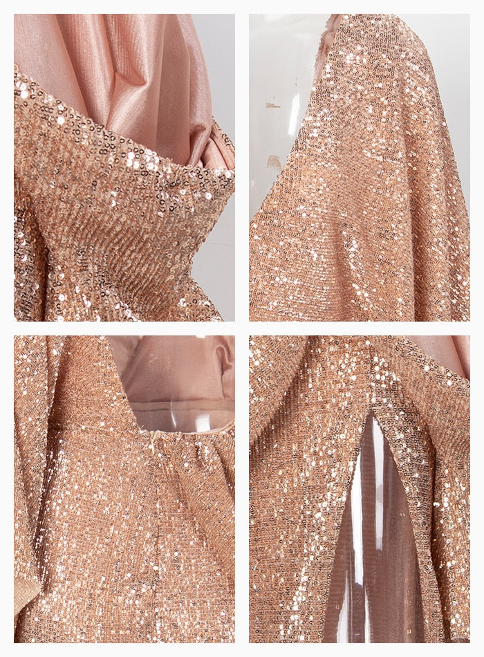 Rose Gold V-Neck Single Sleeve Sequins Split Party Maxi Dress