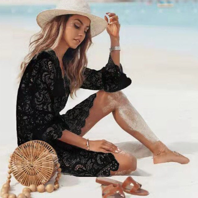 Crochet White Knitted Beach Cover Up Dress