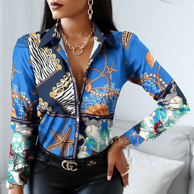 Striped Floral Leopard Office Lady Print Shirts