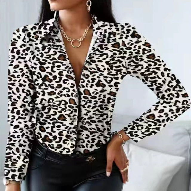 Striped Floral Leopard Office Lady Print Shirts