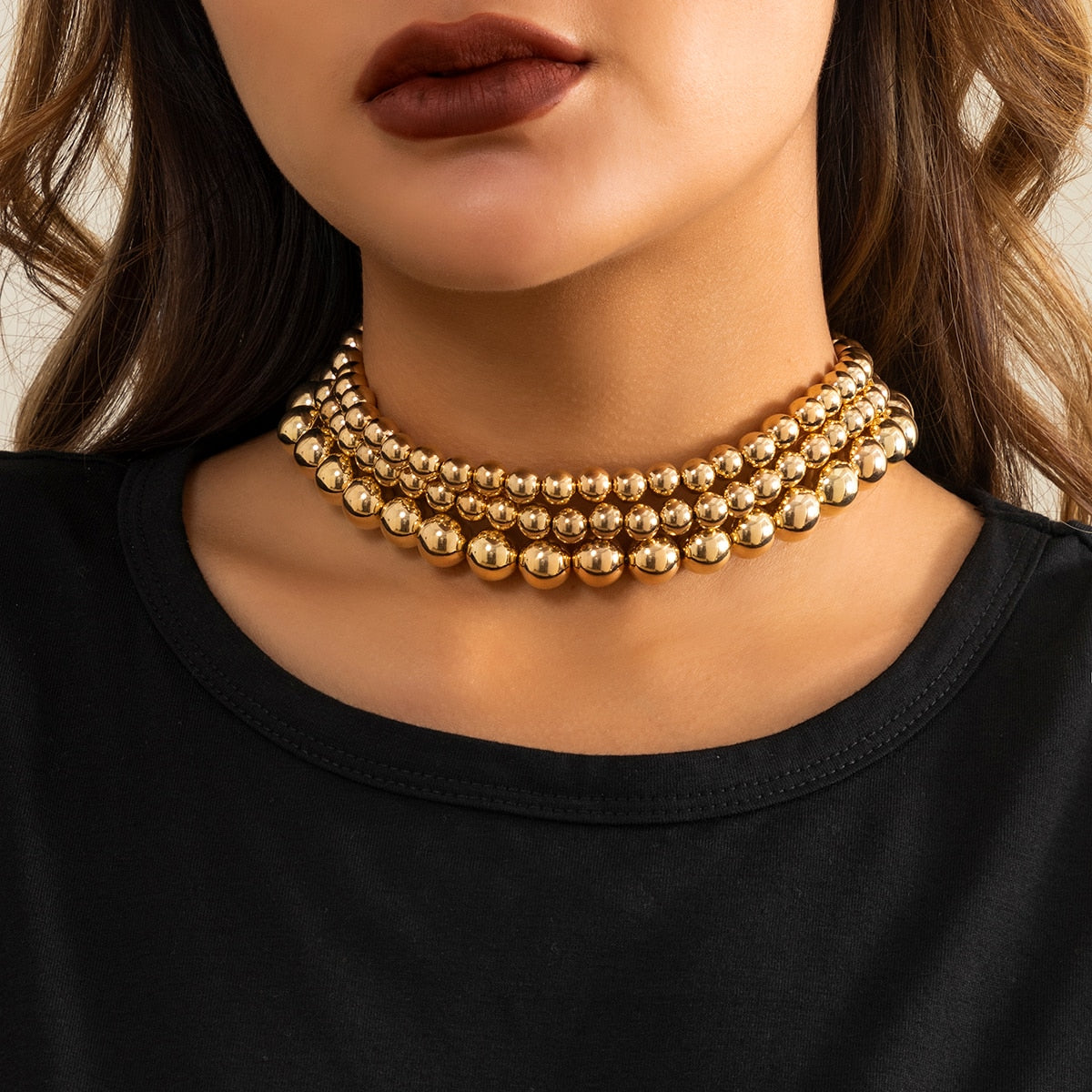 Punk Layered Bead Chain Short Choker Necklace