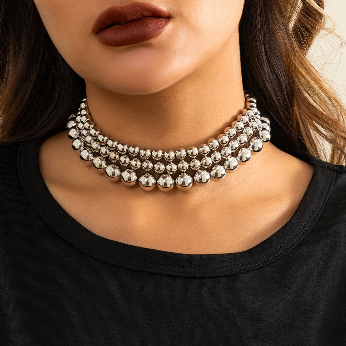 Punk Layered Bead Chain Short Choker Necklace